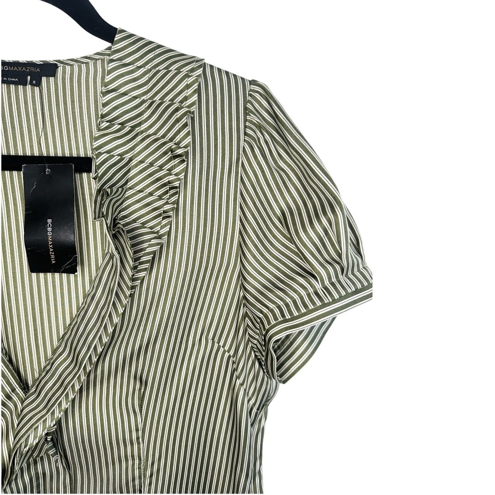 BCBGMAXAZRIA 100% Silk Striped Blouse Patina Green‎ Ruffle V-Neck Small NWT Flaw - Picture 3 of 16